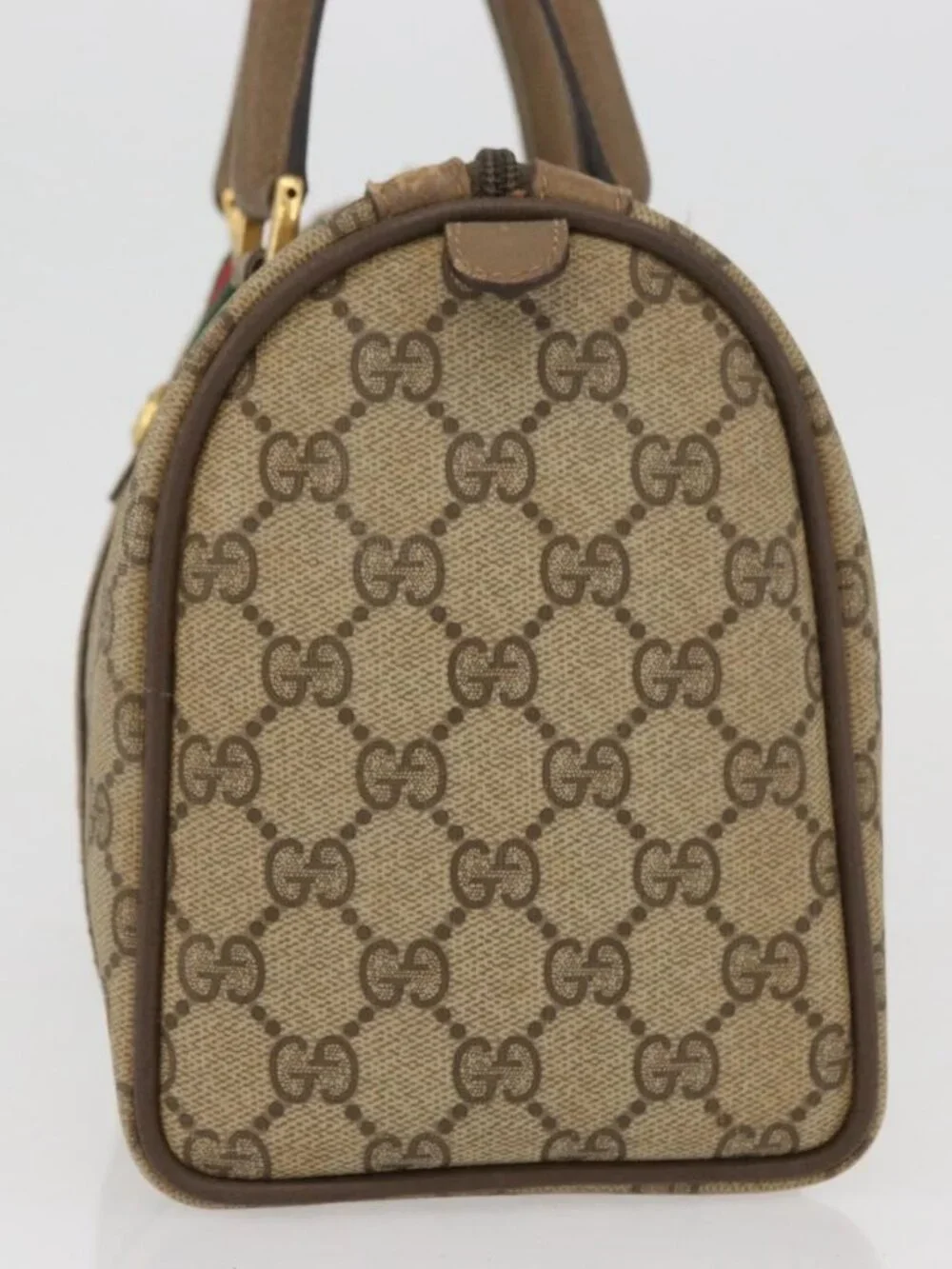 GUCCI GG Supreme Web Sherry Line Boston Bag PVC Beige Gold 40 02 006 Auth BAZ553